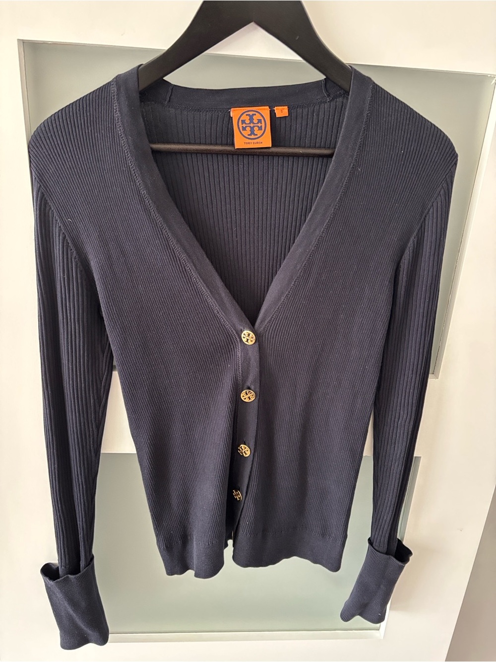Tory Burch Navy Ribbed V-Neck Cardigan with Gold Buttons